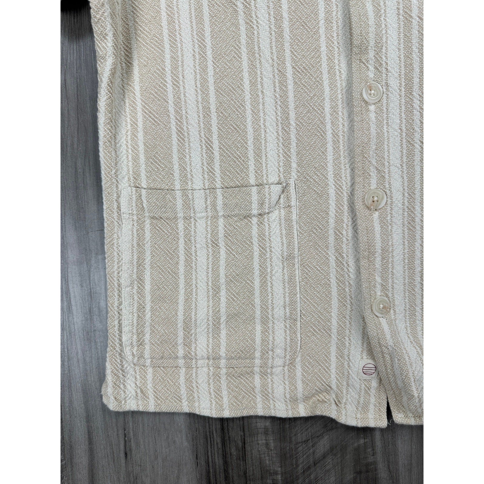 Marine Layer Natural Vertical Stripe Short Sleeve Woven Camp Shirt in Natural Tan, White — Size Medium // Preowned