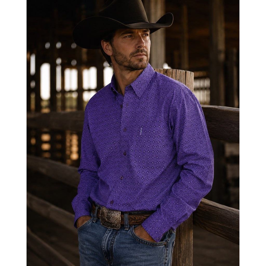 Cinch Modern Fit Geo Print Western Long Sleeve Button Down in Purple and White — Size 2XL // Preowned