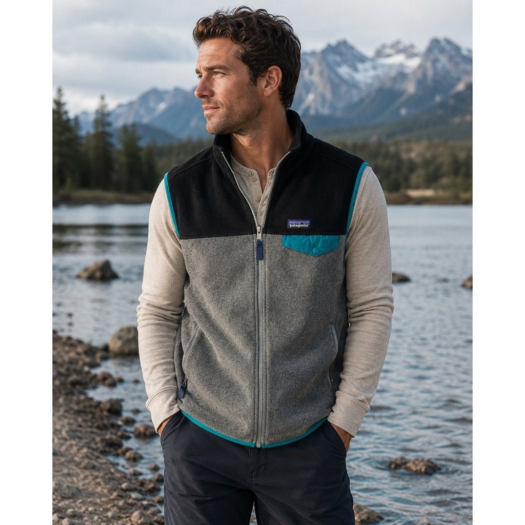 Patagonia Lightweight Synchilla Snap-T Vest in Black, Gray and Green Teal — Size Large // Preowned