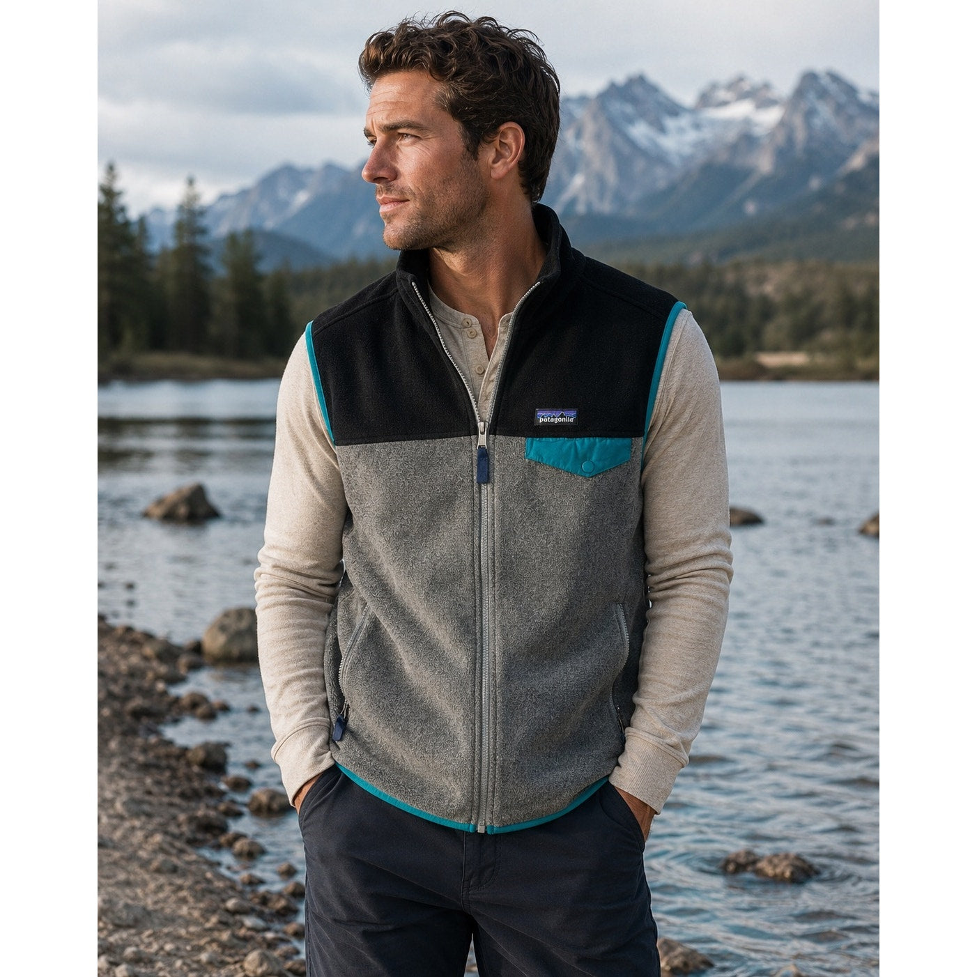 Patagonia Lightweight Synchilla Snap-T Vest in Black, Gray and Green Teal — Size Large // Preowned