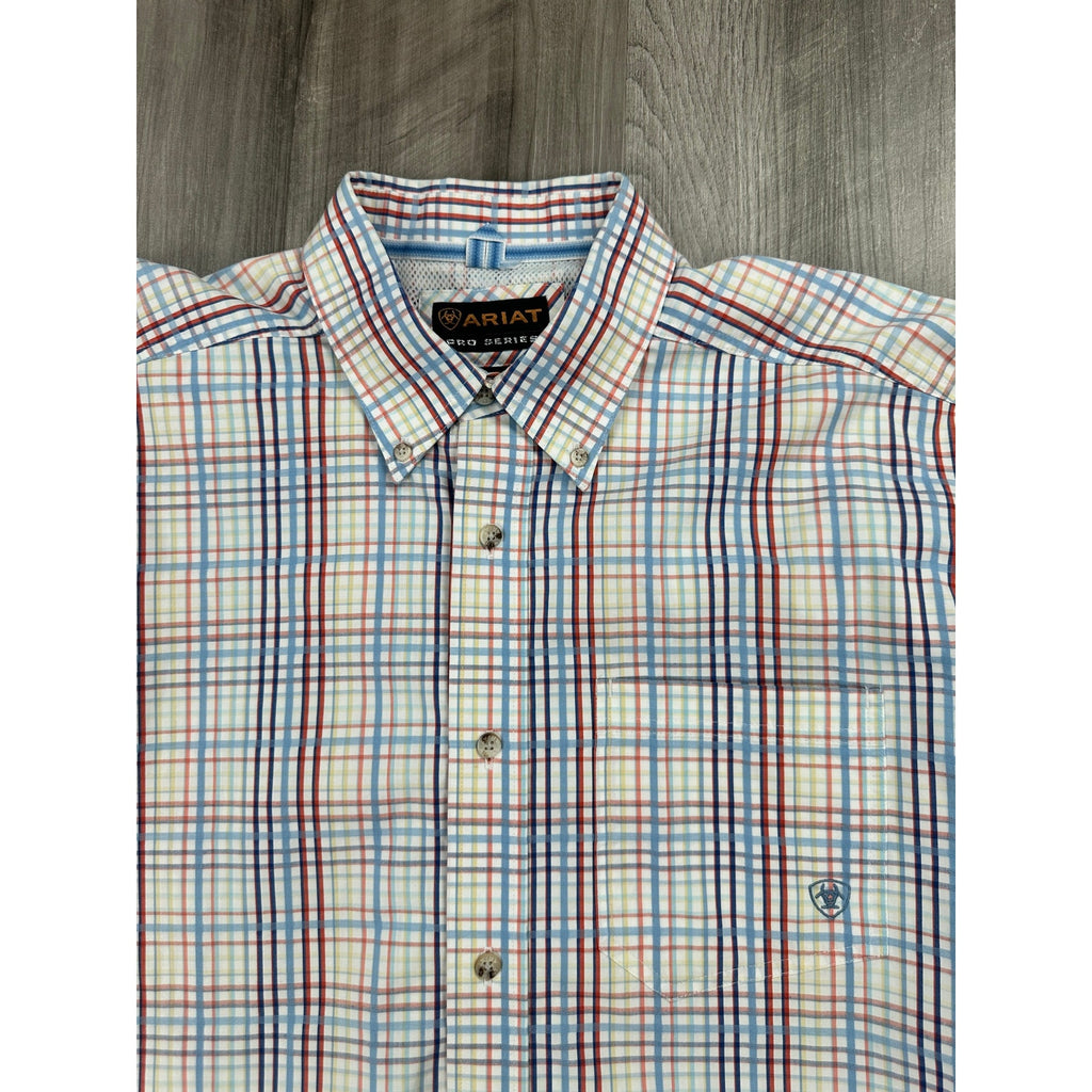 Ariat Pro Series Plaid Long Sleeve Button Down Shirt in White Light Blue Red Blue Charcoal Yellow and Coral — Size XL // Preowned
