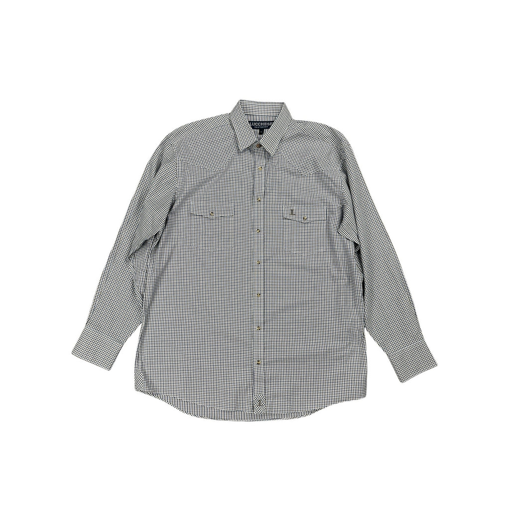 Lucchese Bootmaker Tattersall Plaid Western Long Sleeve Pearl Snap Button Down in Navy Brown and White — Size XL // Preowned