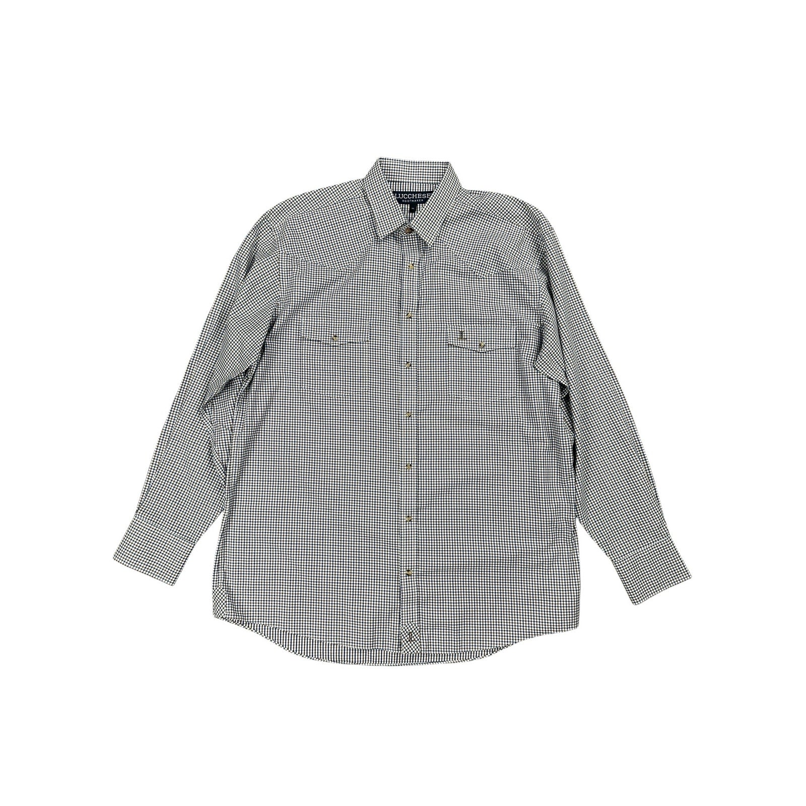 Lucchese Bootmaker Tattersall Plaid Western Long Sleeve Pearl Snap Button Down in Navy Brown and White — Size XL // Preowned