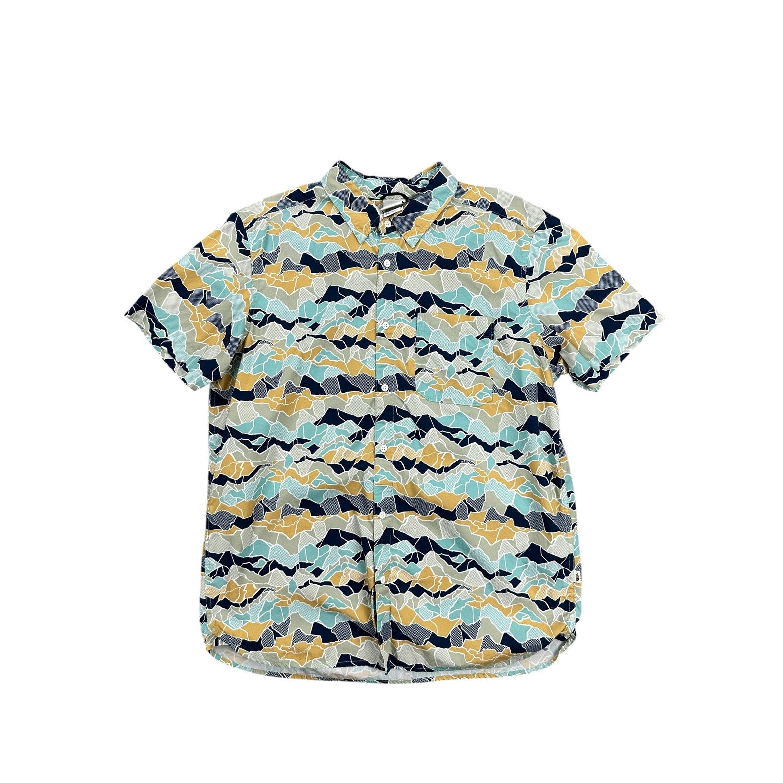 The North Face Baytrail Pattern Short Sleeve Button Down in Light Teal Navy Golden Yellow Light Olive White — Size XL // Preowned