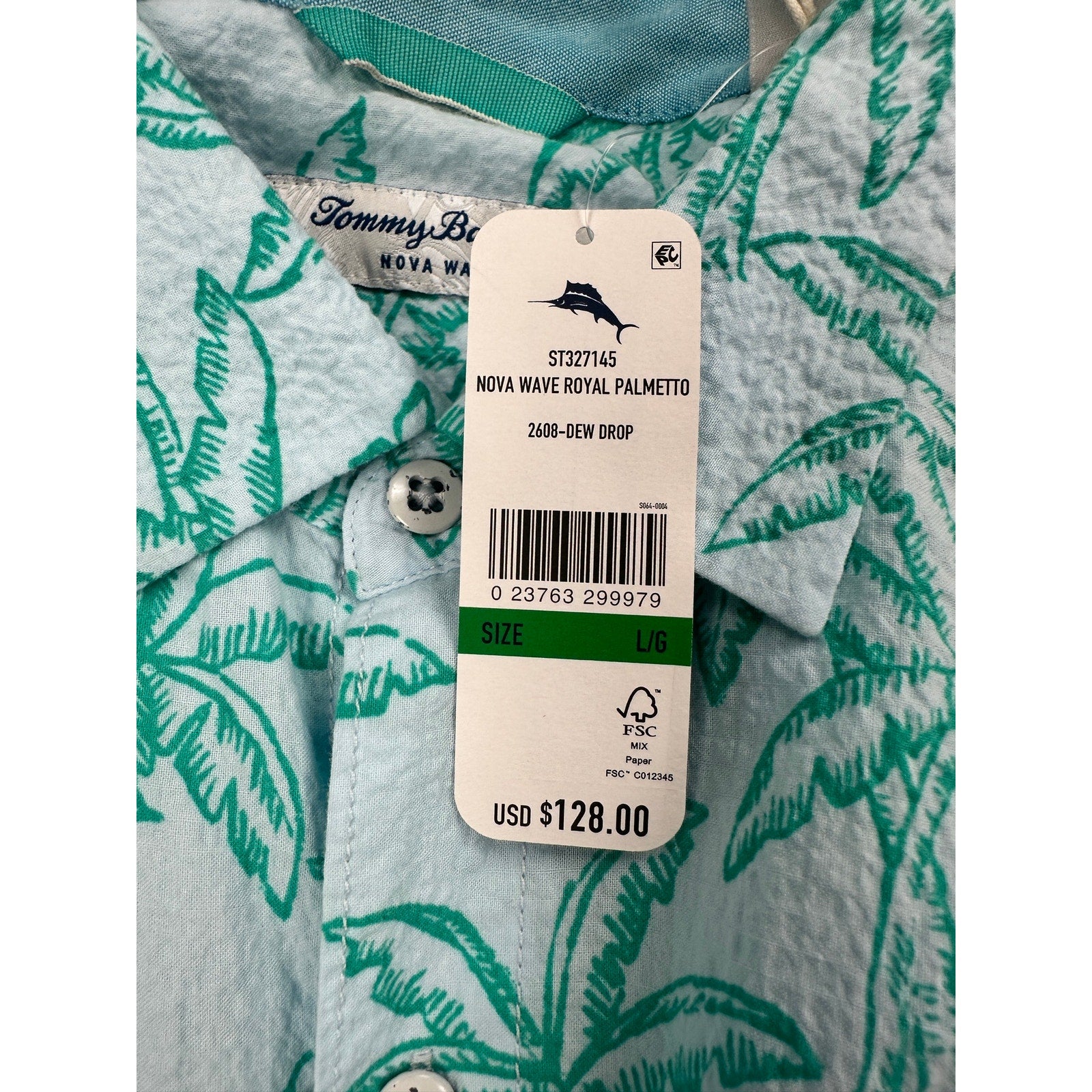 Tommy Bahama Nova Wave Royal Palmetto Short Sleeve Shirt in Dew Drop Green — Size Large