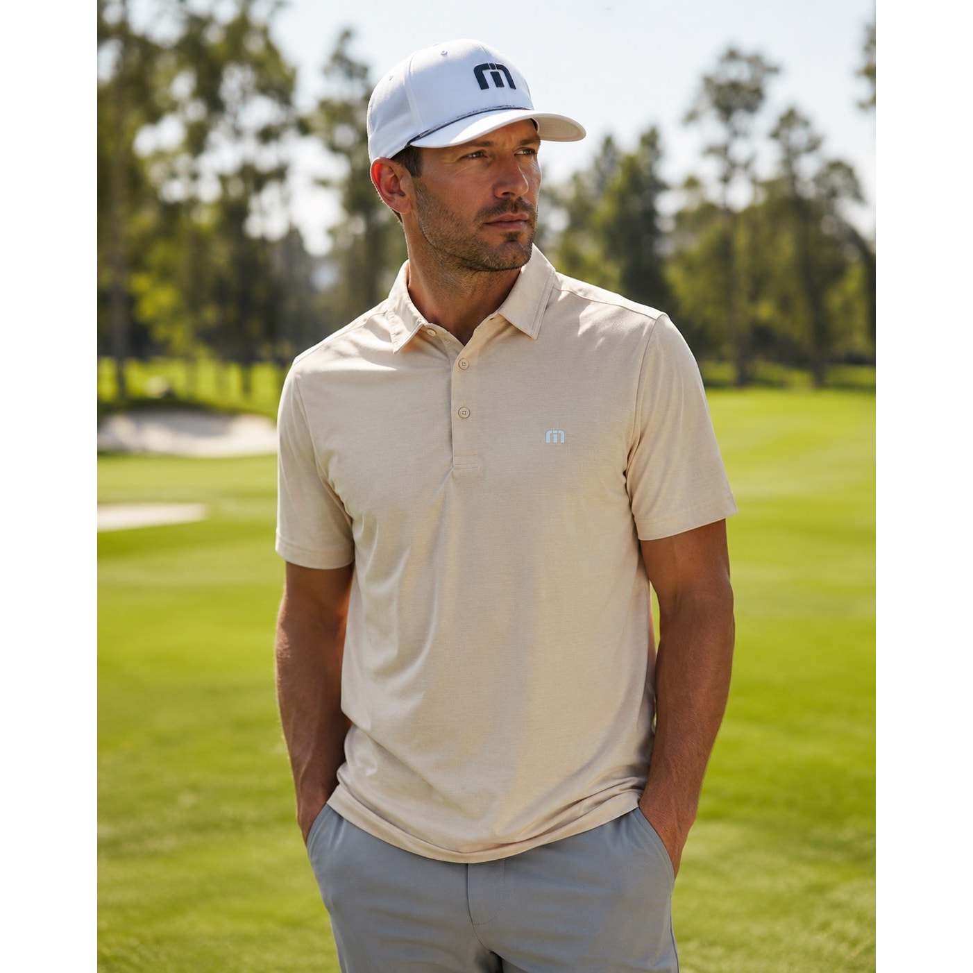 Travis Mathew Featherweight Vista Performance Jersey Golf Polo in Rattan — Size XL