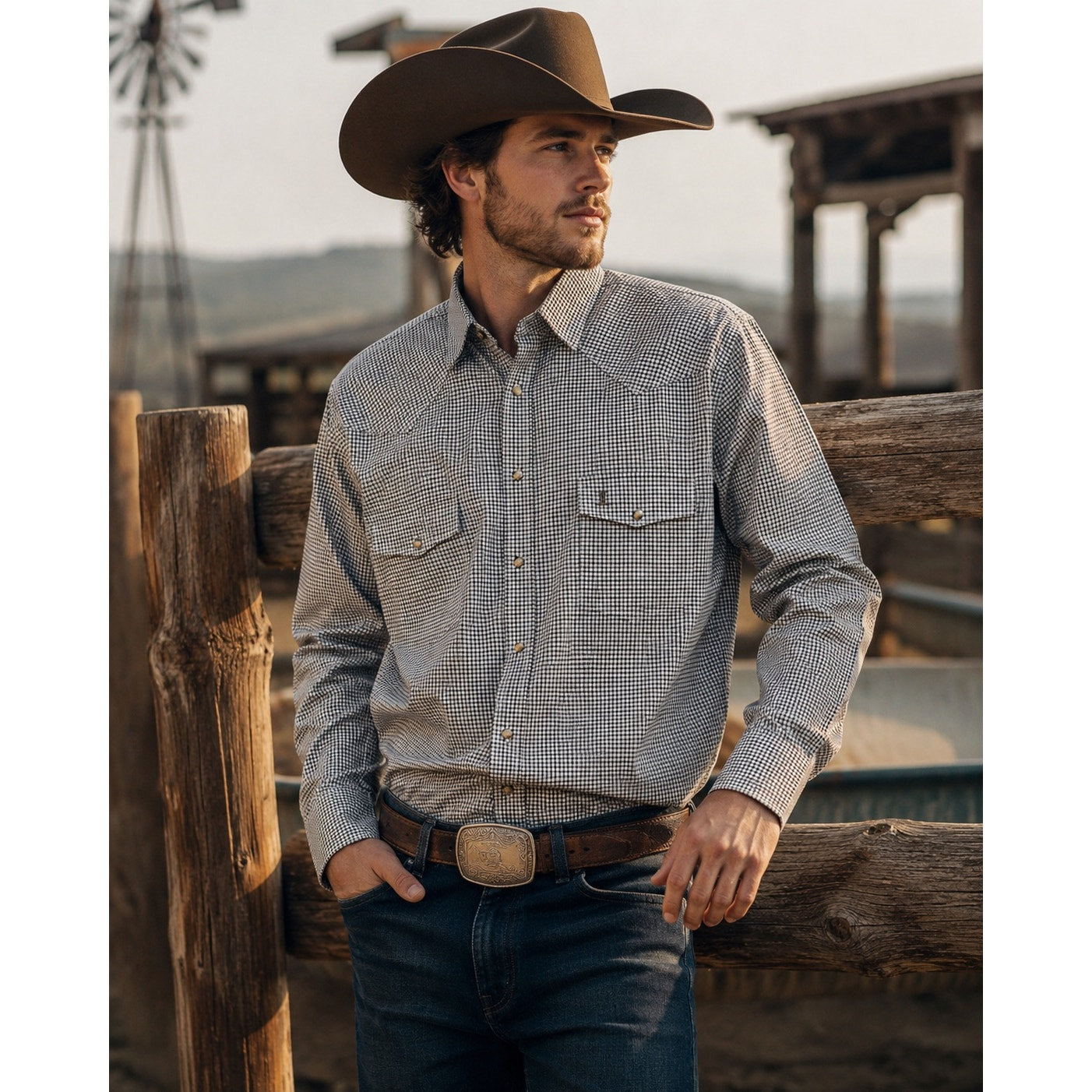 Lucchese Bootmaker Tattersall Plaid Western Long Sleeve Pearl Snap Button Down in Navy Brown and White — Size XL // Preowned