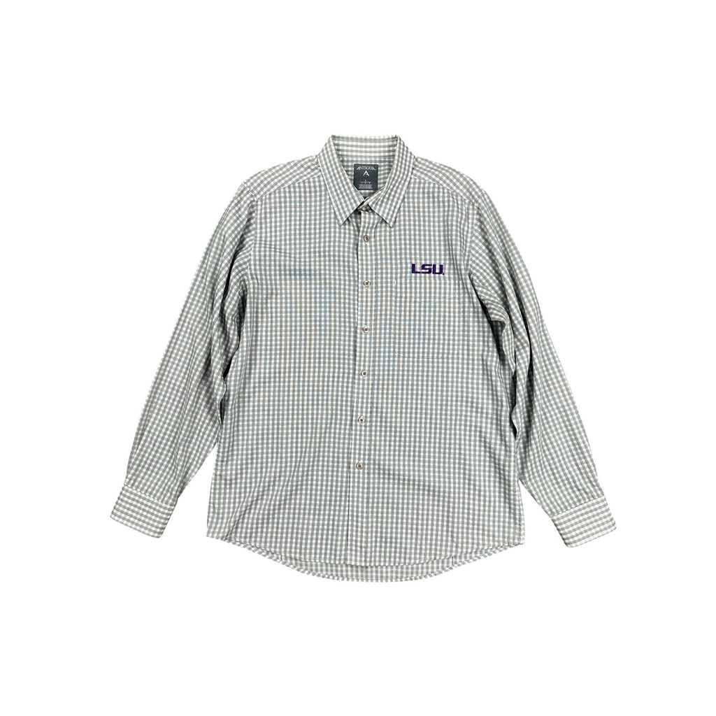 Antigua LSU Tigers Structure Checkered Long Sleeve Button Down in Gray White — Size Large // Preowned