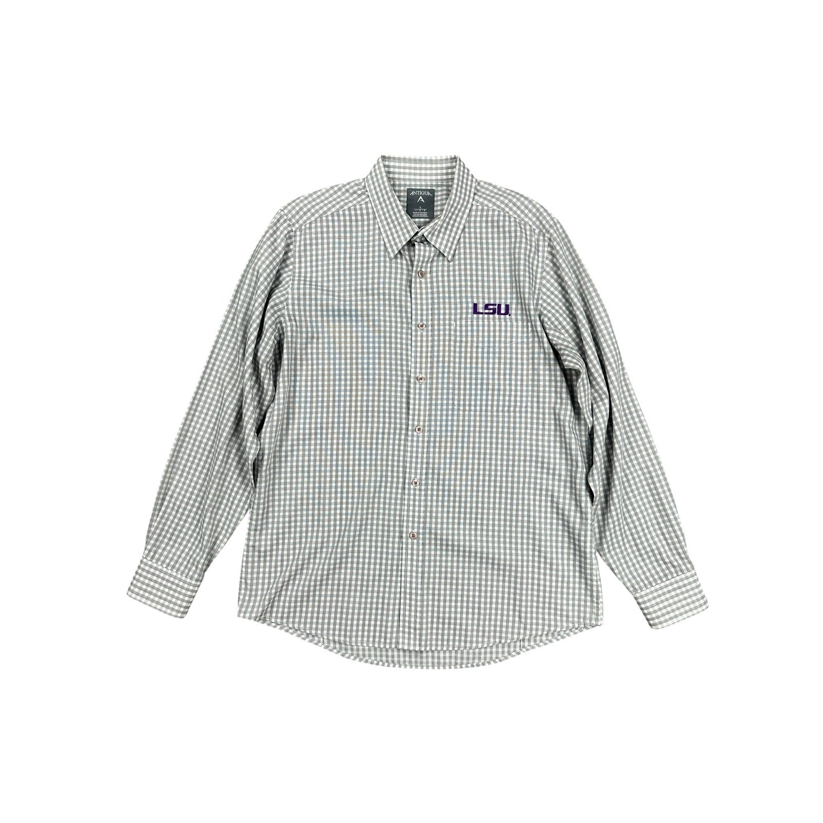 Antigua LSU Tigers Structure Checkered Long Sleeve Button Down in Gray White — Size Large // Preowned
