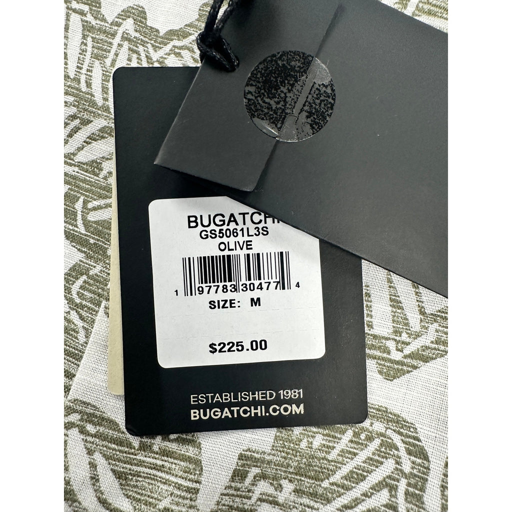 Bugatchi Julian Floral Linen Cotton Shaped Fit Long Sleeve Button Down in Olive White — Size Medium