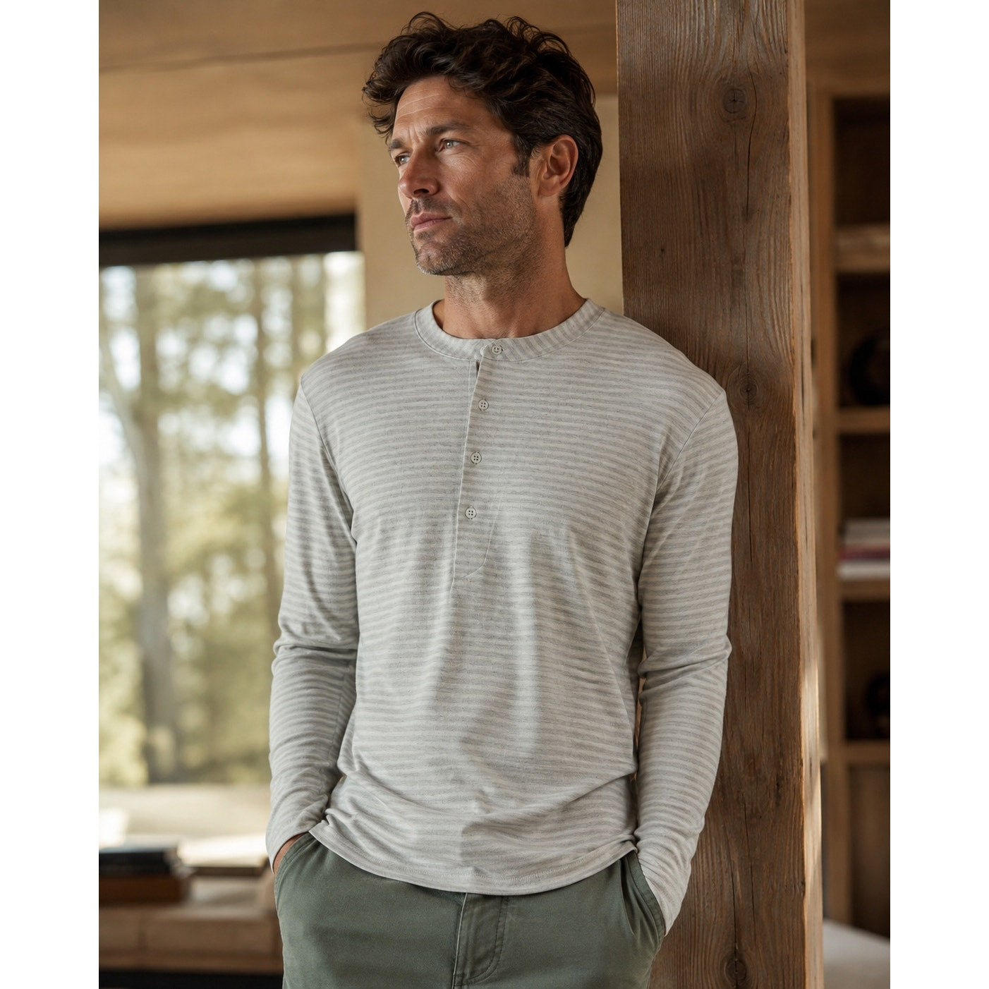 Billy Reid Louis Striped Slim Fit Long Sleeve Henley in Cream, Gray — Size Medium // Preowned