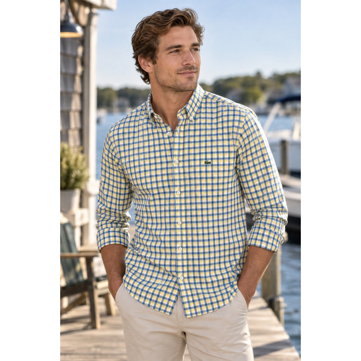 Lacoste Regular Fit Poplin Check Long Sleeve Shirt — Size 42 (Large) // Preowned
