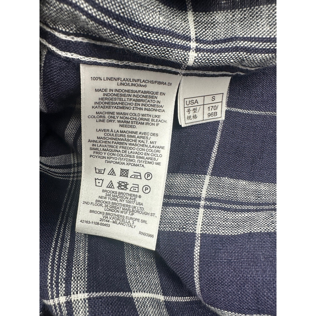 Brooks Brothers Milano Fit Baird McNutt Irish Linen Plaid Long Sleeve Button Down in Navy White — Size Small // Preowned