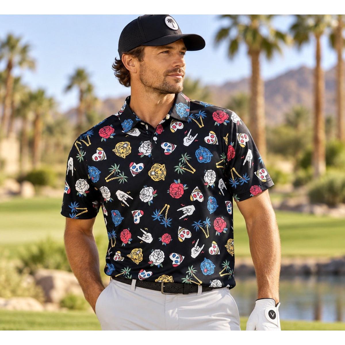 Devereux Golf Freestyle Skull Tiger Roses Performance Polo — Size Medium