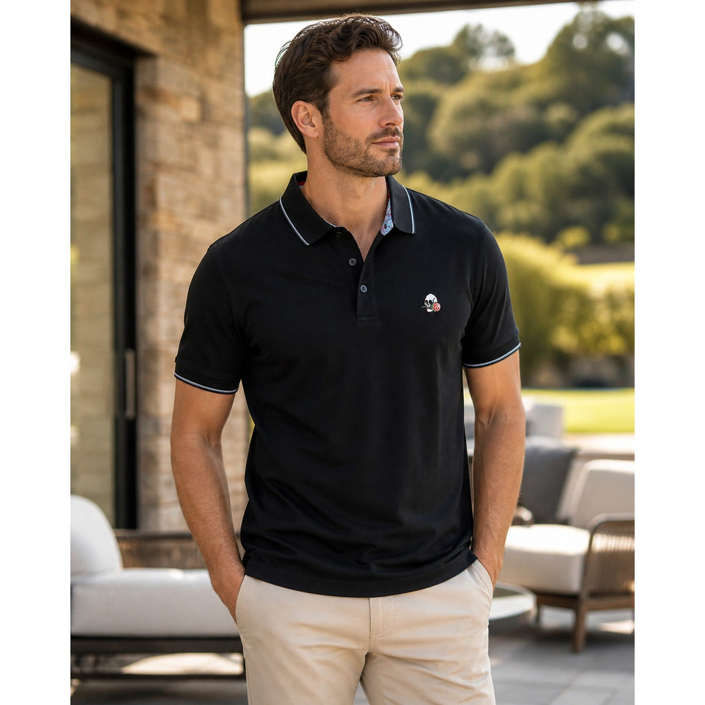 Robert Graham Rossi Skull and Rose Logo Black Classic Fit Polo - Small