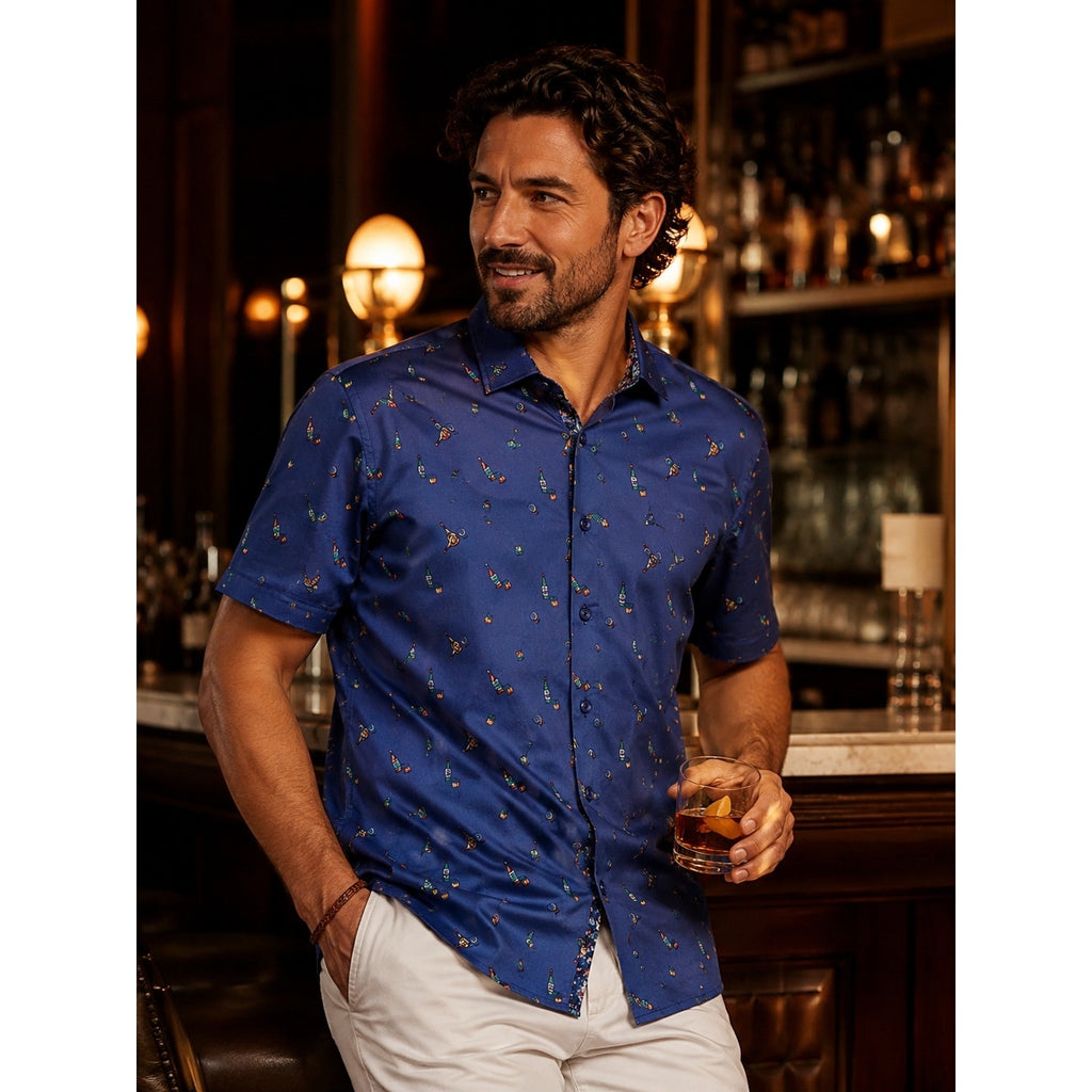 Robert Graham Good-Night Cocktail Classic Fit Short Sleeve Shirt in Navy — Size Medium