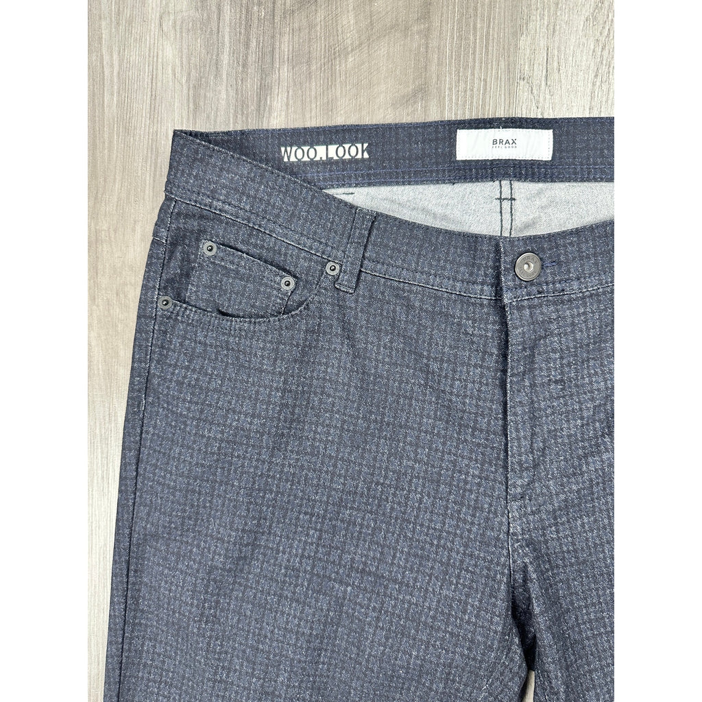 Brax Cooper Fancy Checkered Print Pants in Black and Navy — Size 38x34 // Preowned