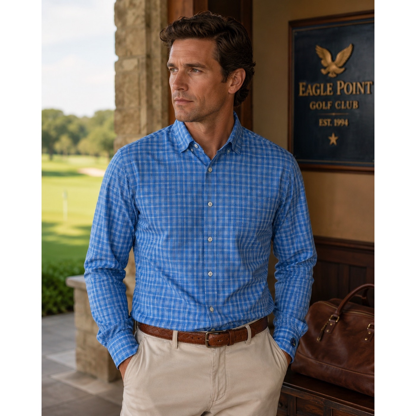 Peter Millar Summer Comfort Plaid Eagle Point Golf Club Long Sleeve Button Down in Blue Tan White — Size Large // Preowned