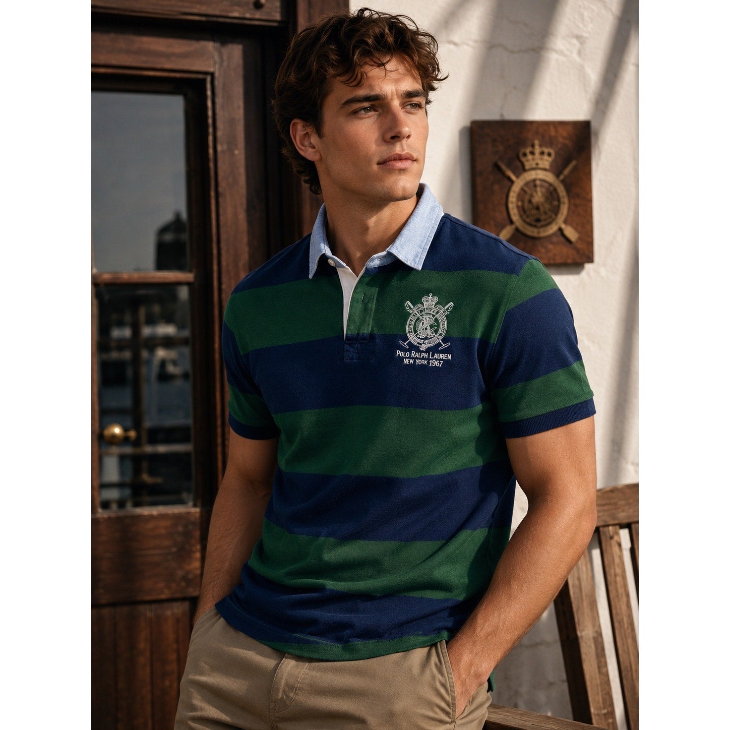 Polo Ralph Lauren Vintage Rugby Stripe New York 1967 Mesh Polo in Navy Green — Size XL // Preowned