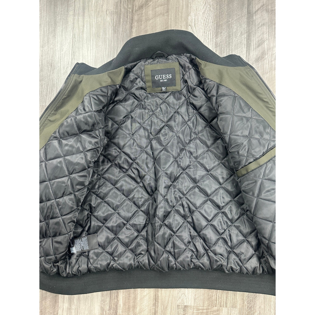 Guess Quilt Lined Full Zip Jacket in Olive Green Black — Size XL // Preowned