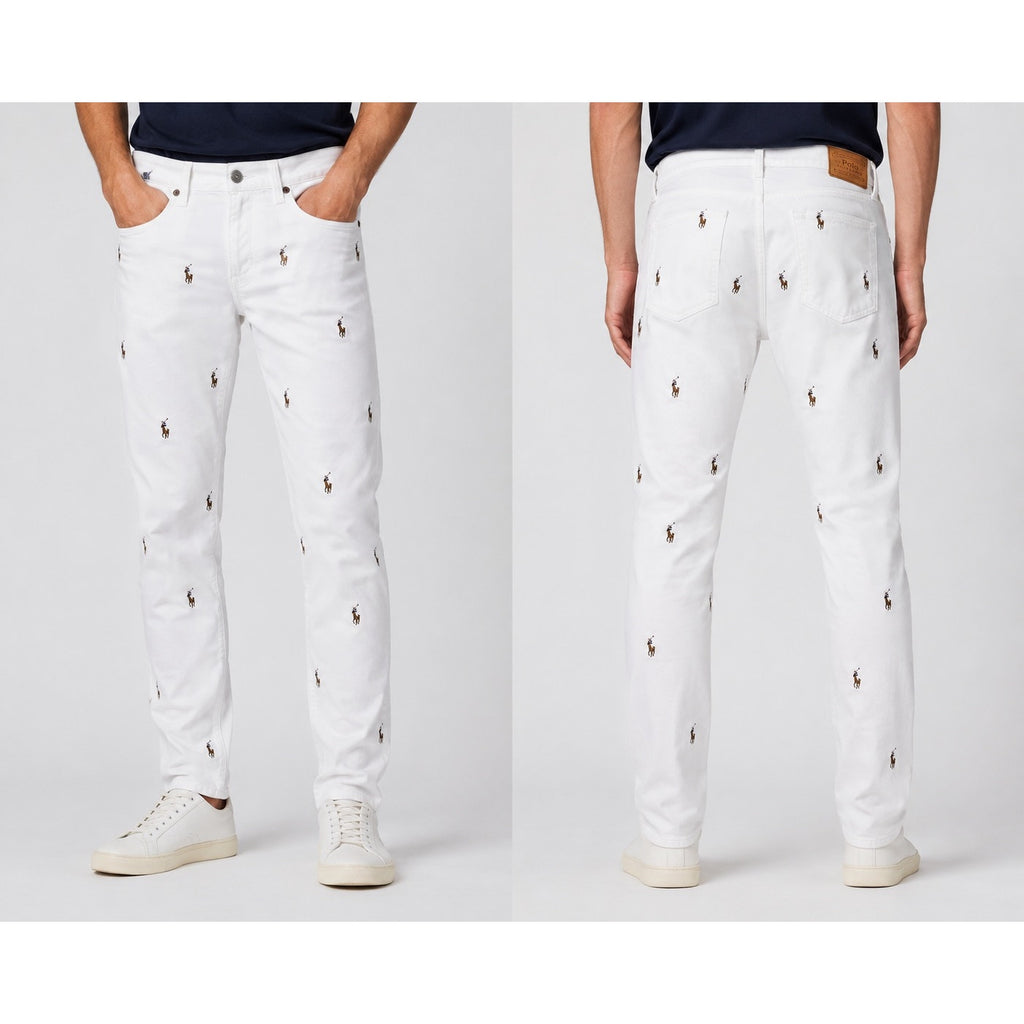 Polo Ralph Lauren All Over Pony Print The Sullivan Slim Jeans in White — Size 30x30