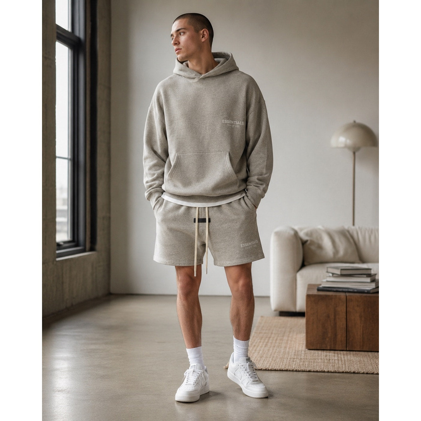 Fear of God Essentials Classic Fleece Sweat Shorts in Light Heather Oatmeal Tan — Size Large // Preowned
