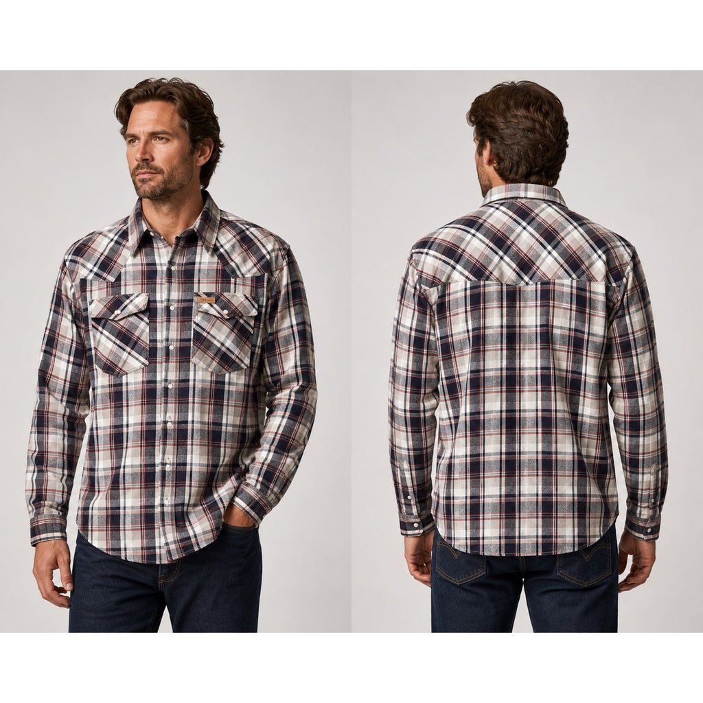 FiveBrother Heavyweight 9oz Western Pearl Snap Flannel Long Sleeve Shirt in White, Gray, Navy, Red — Size Large Tall // Preowned