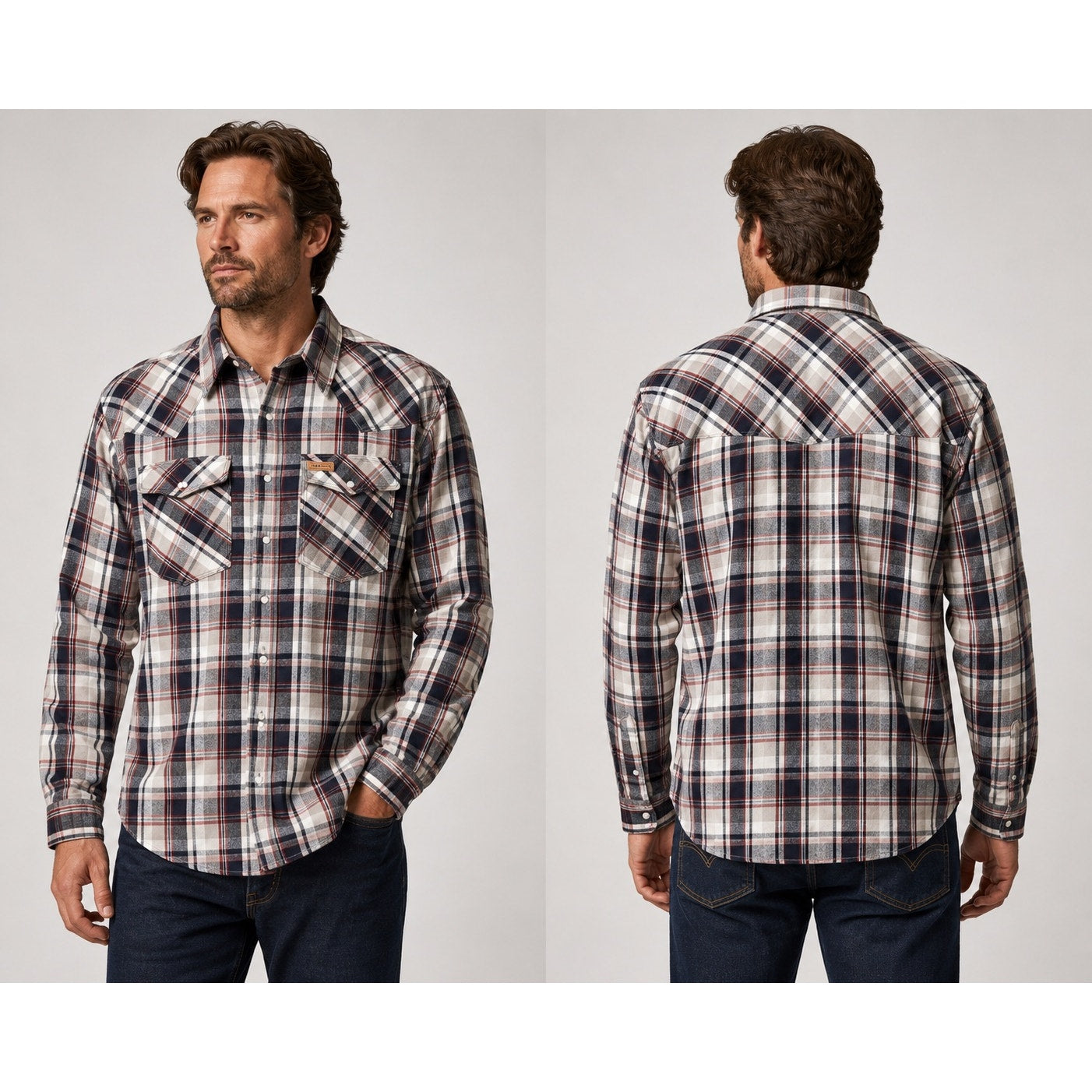 FiveBrother Heavyweight 9oz Western Pearl Snap Flannel Long Sleeve Shirt in White, Gray, Navy, Red — Size Large Tall // Preowned