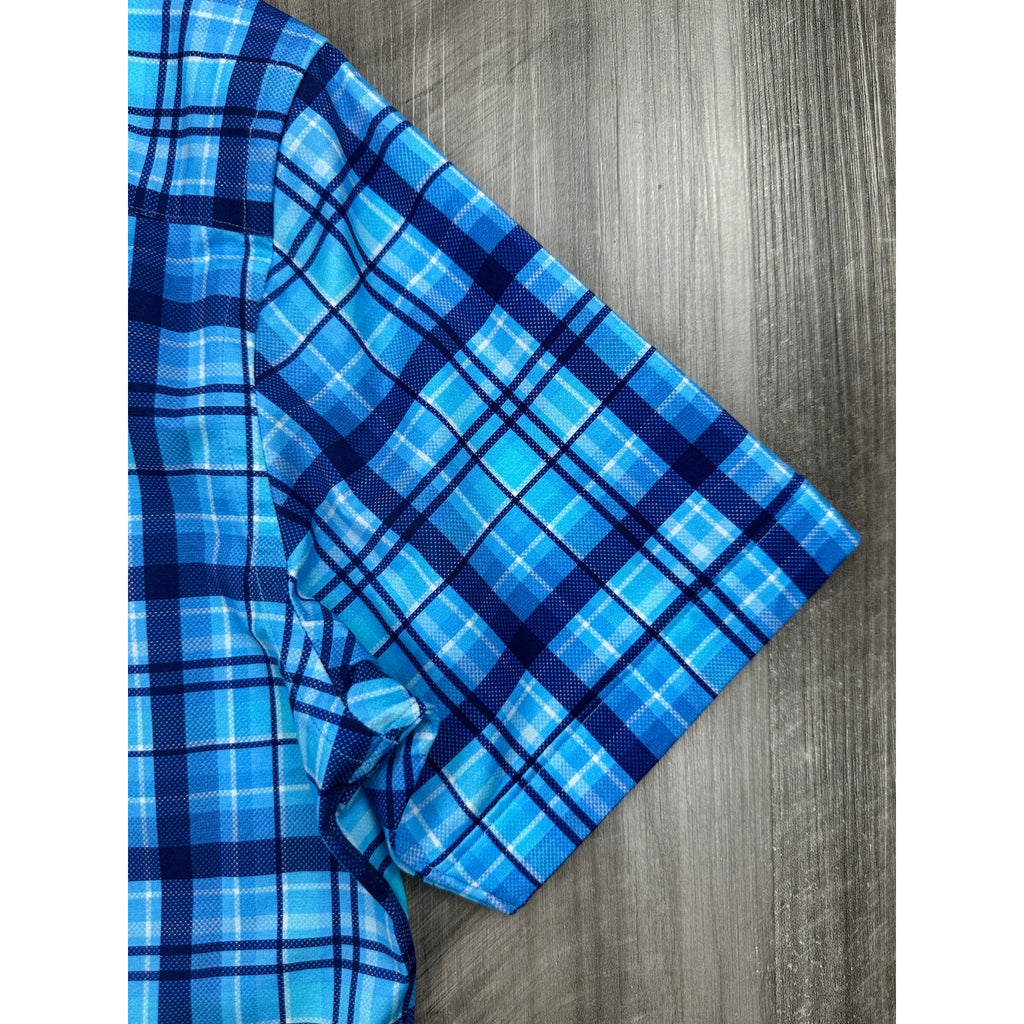 Bugatchi Plaid OoohCotton 8 Way Stretch Short Sleeve Shirt in Classic Blue — Size Medium
