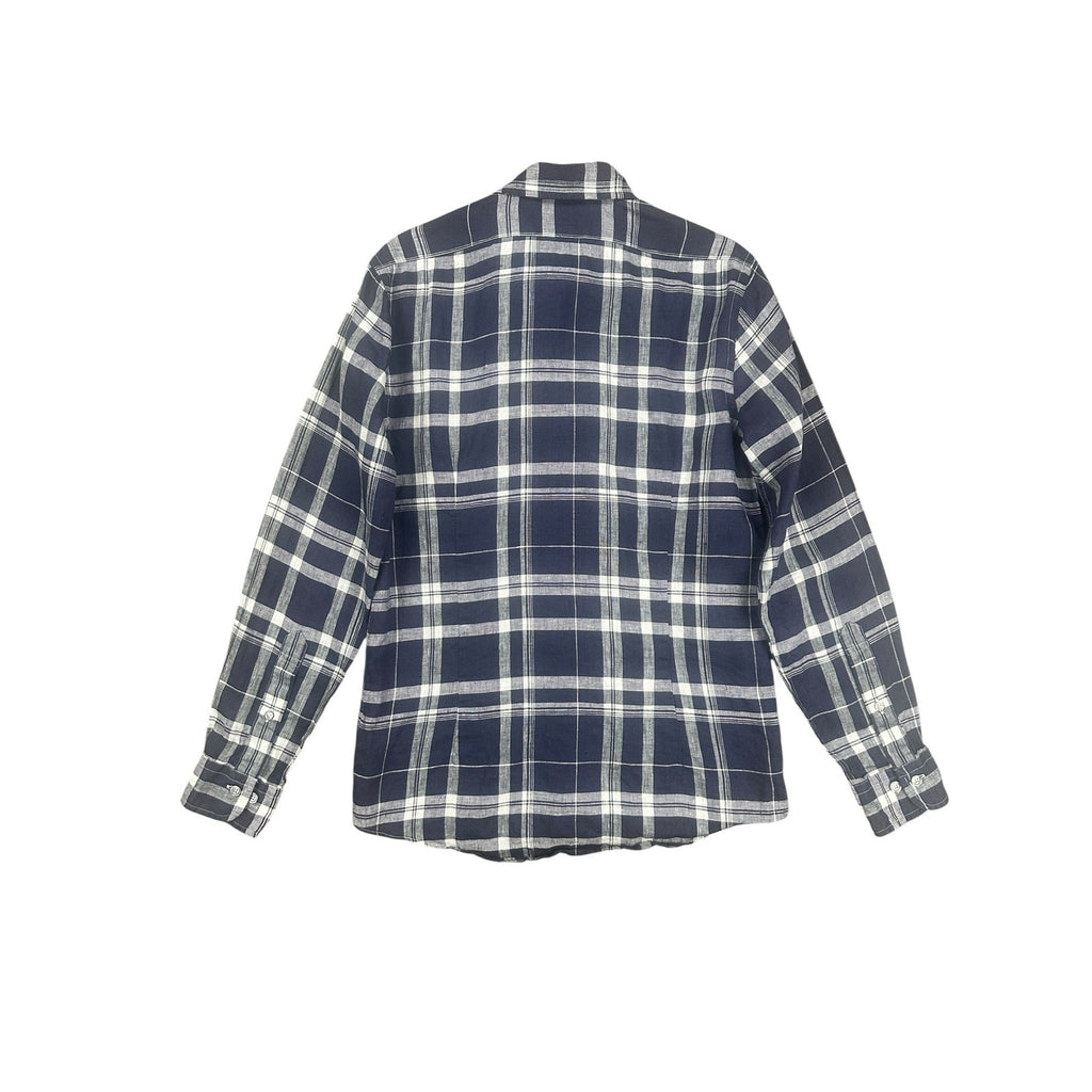Brooks Brothers Milano Fit Baird McNutt Irish Linen Plaid Long Sleeve Button Down in Navy White — Size Small // Preowned