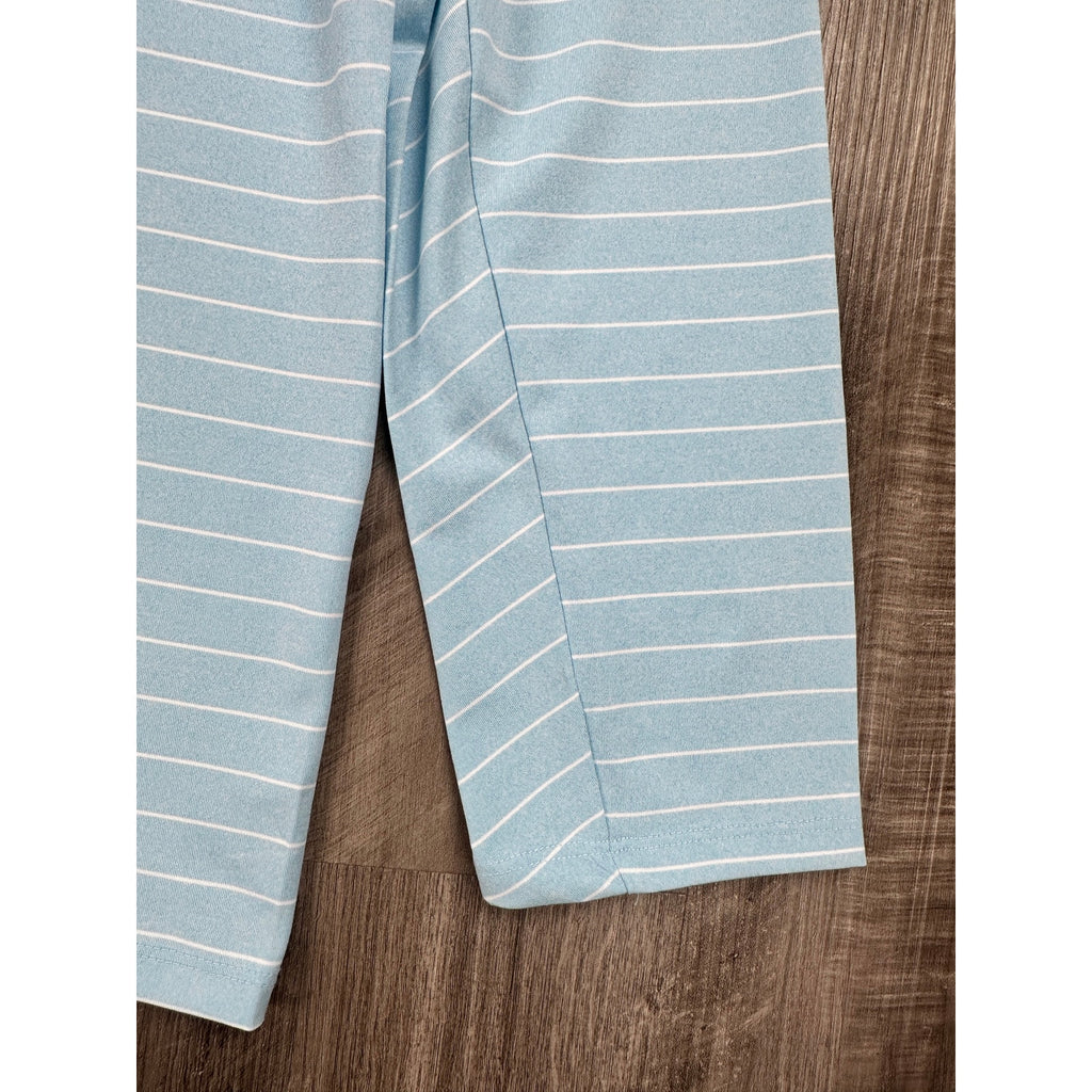KJUS Soren Melange Stripe Long Sleeve Polo in Poolside, White — Size 56 (2XL)