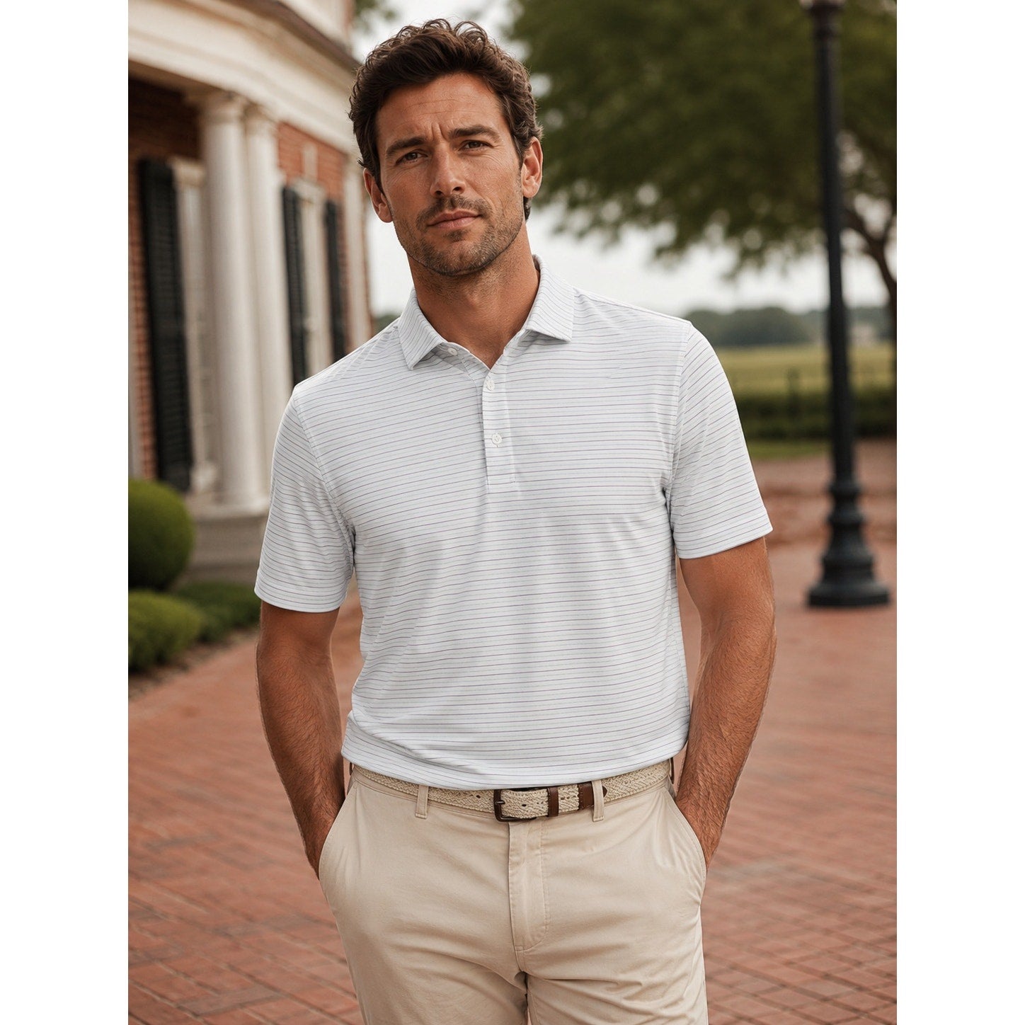 Holderness and Bourne The Gibson Shirt Tailored Fit Golf Polo in White Lavender Abaco — Size 2XL