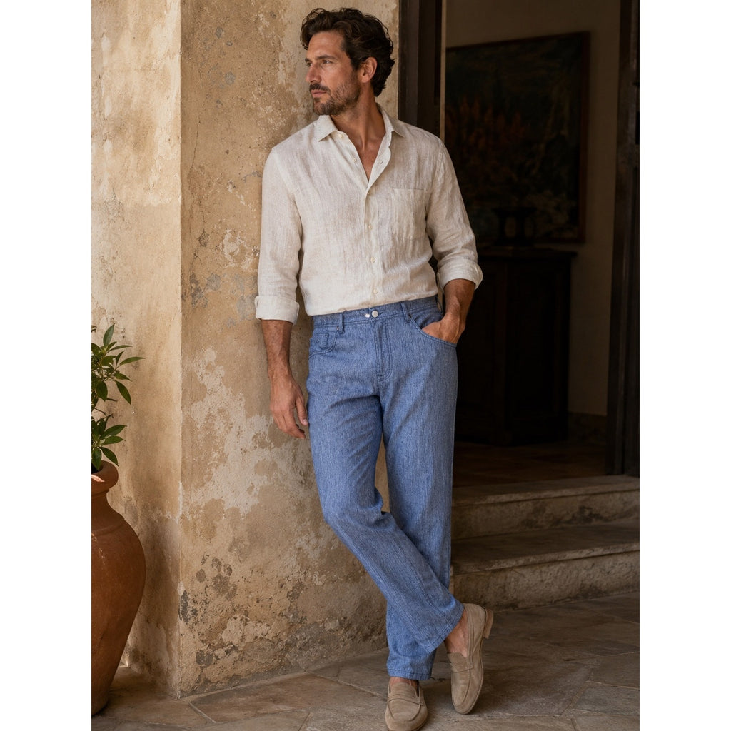 Cesare Attolini Chambray Linen Blend Pants in Blue — Size 42 // Preowned