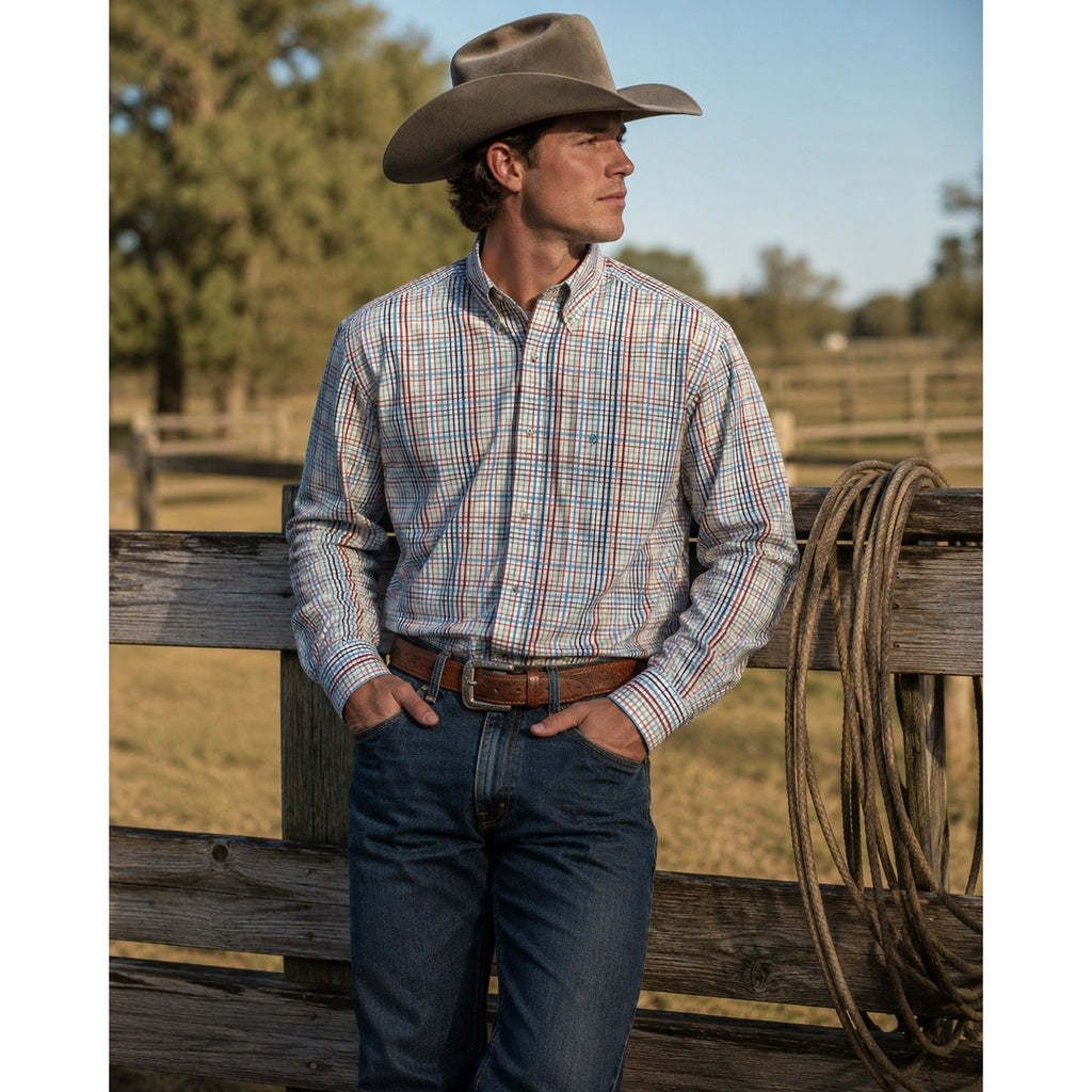 Ariat Pro Series Plaid Long Sleeve Button Down Shirt in White Light Blue Red Blue Charcoal Yellow and Coral — Size XL // Preowned