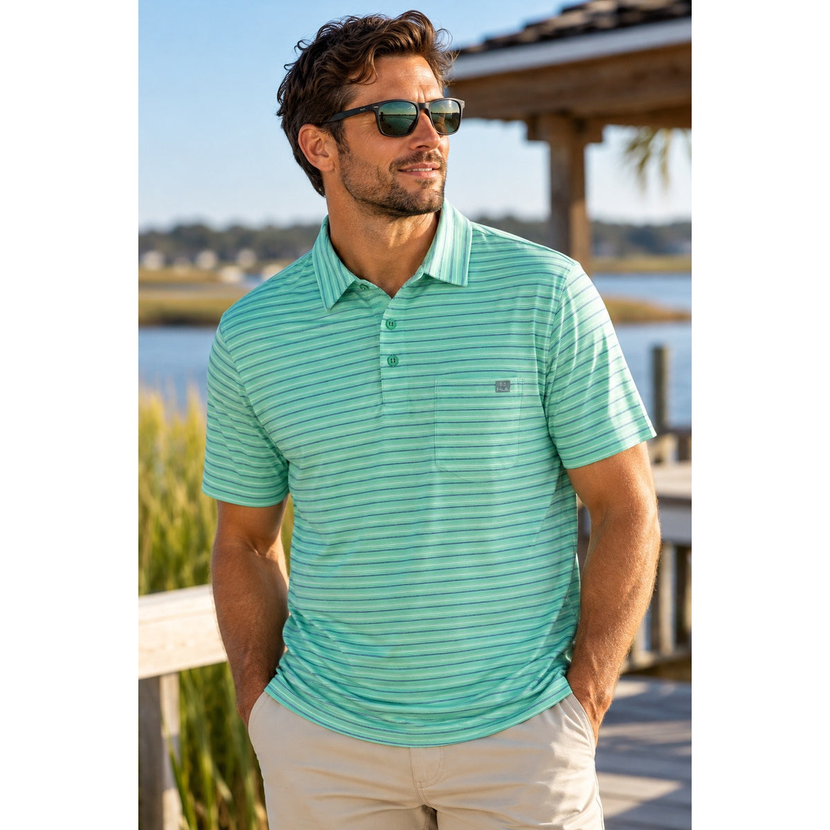 HUK Waypoint Ombre Stripe Polo — Size Medium
