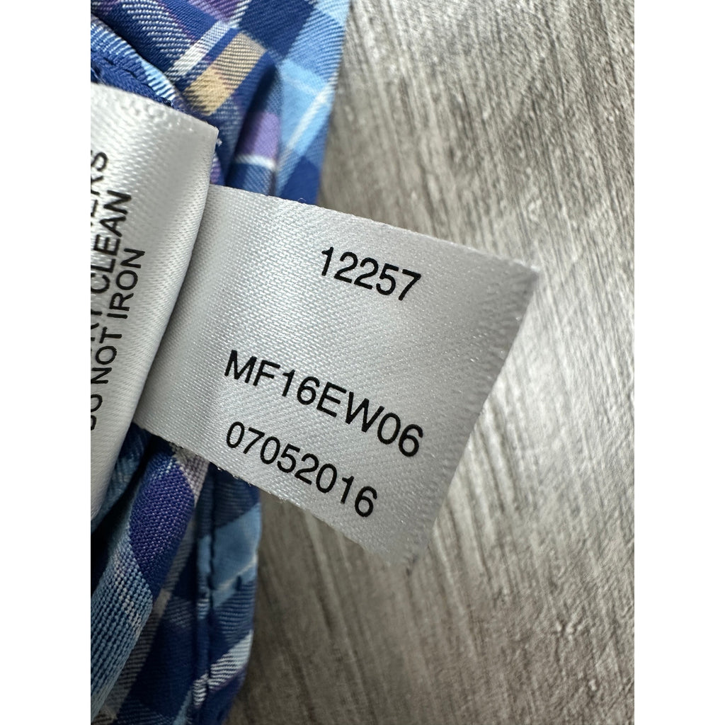 Peter Millar Summer Comfort Plaid Long Sleeve Shirt in Light Blue, Blue, Purple, Tan, White — Size Large // Preowned