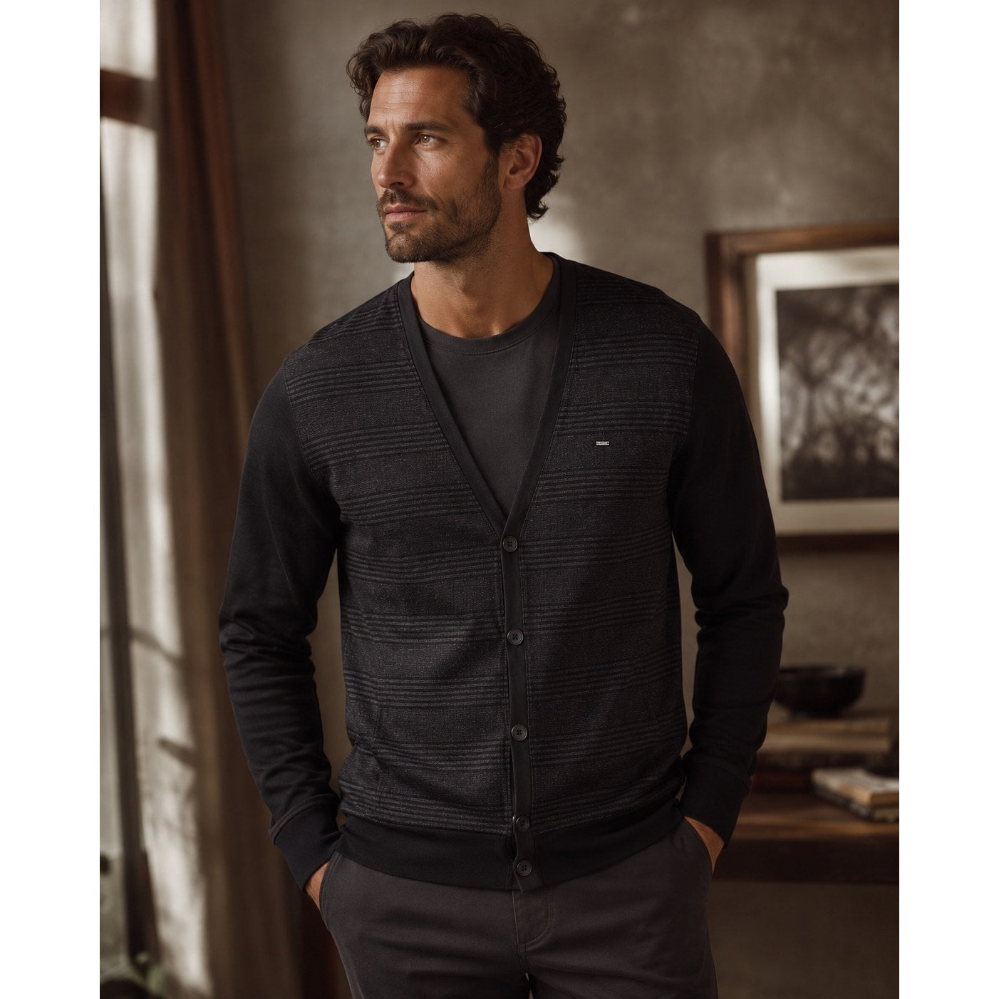 7 Diamonds Dakmont Striped Cardigan Sweater in Black Charcoal — Size XL