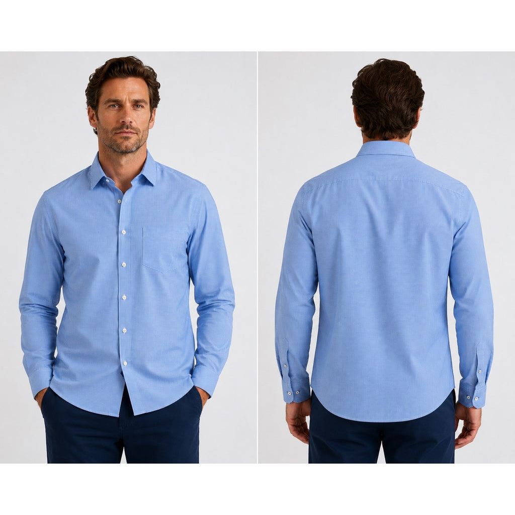 UNTUCKit Kelly Micro Check Slim Fit Wrinkle Free Long Sleeve Shirt in Dark Blue, White — Size Medium // Preowned