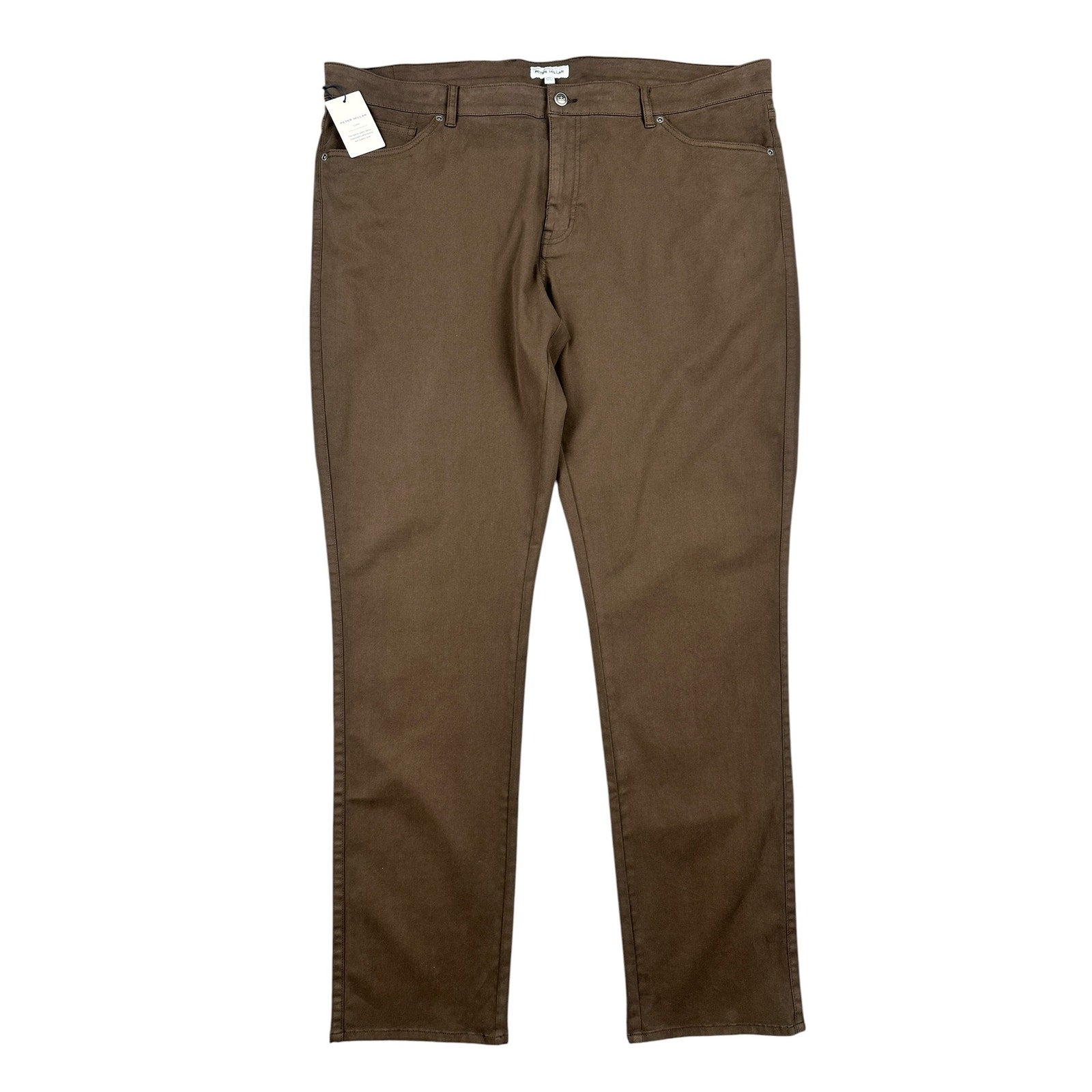 Peter Millar Signature Sateen 5 Pocket Chino Pants in French Press Brown — Size 42x34
