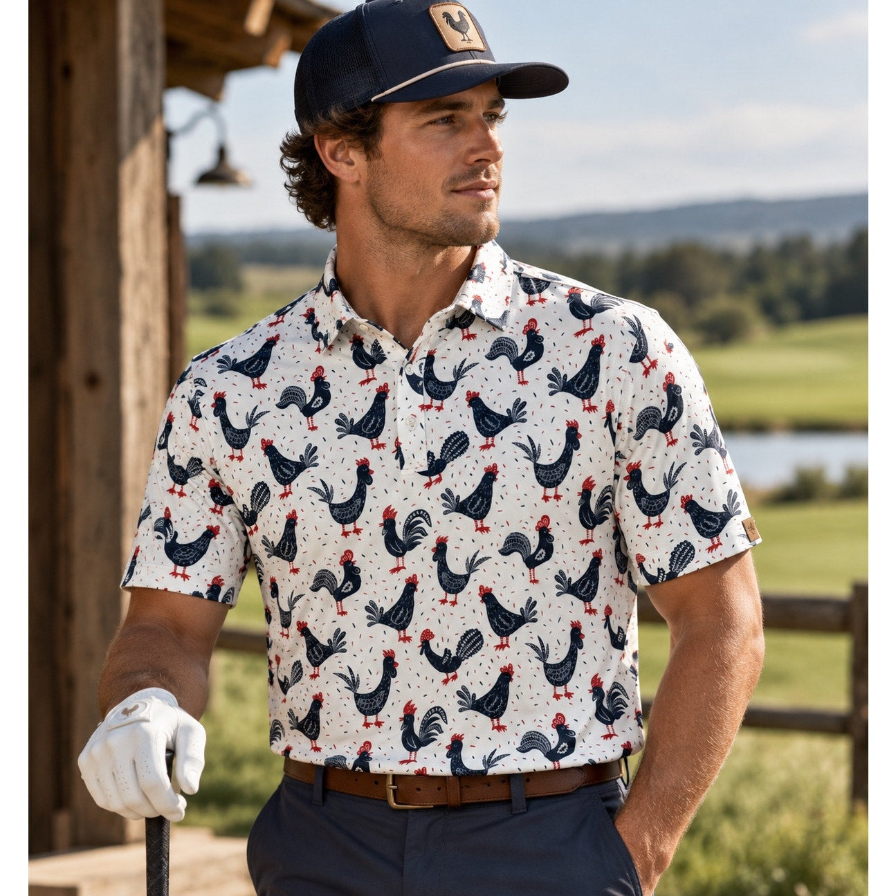Iron Oak Cock-a-doo Western Performance Golf Pearl Snap Polo in White, Red and Navy — Size Medium // Preowned