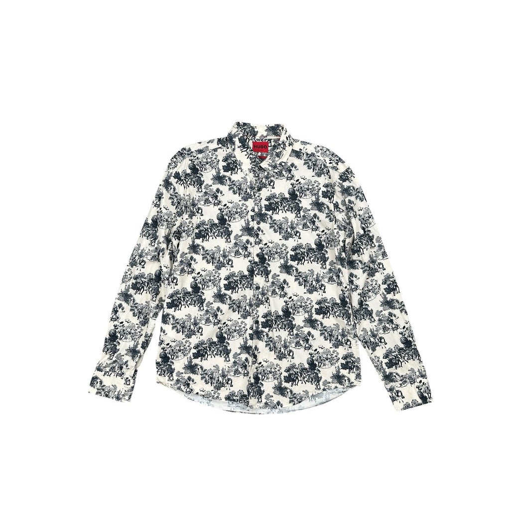HUGO Ermo Stretch City Print Long Sleeve Shirt in Cream, Black — Size XL // Preowned