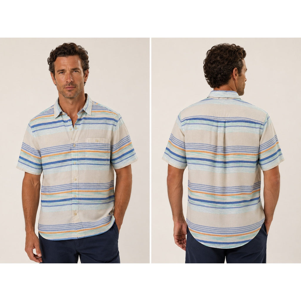 Tommy Bahama Indigo Palms Sand Linen Horizon View Short Sleeve Button Down in Stripe — Size Small