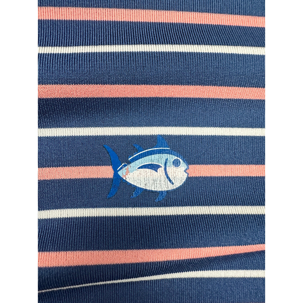 Southern Tide Driver Performance Stretch Striped Polo in Navy Coral White — Size Large