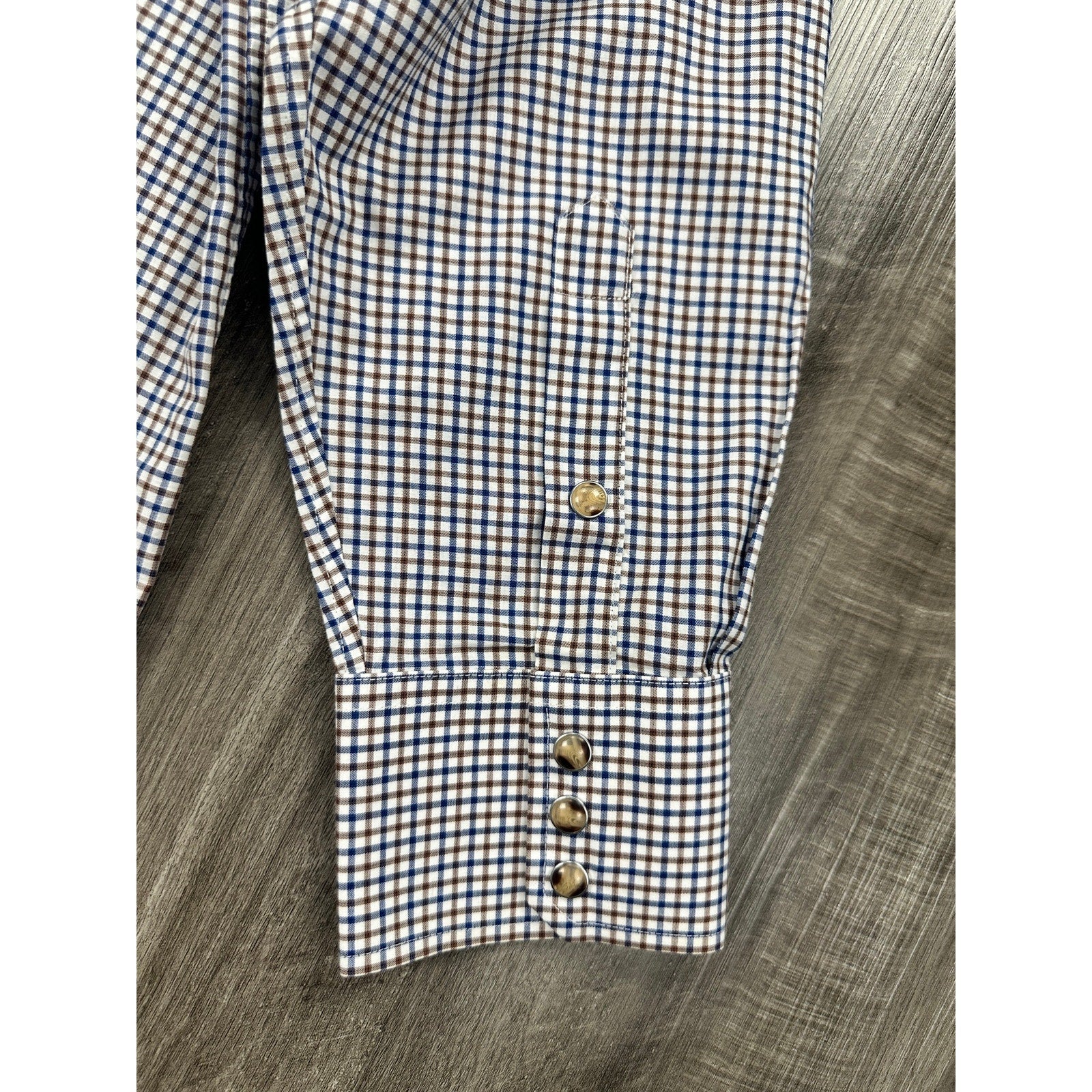Lucchese Bootmaker Tattersall Plaid Western Long Sleeve Pearl Snap Button Down in Navy Brown and White — Size XL // Preowned