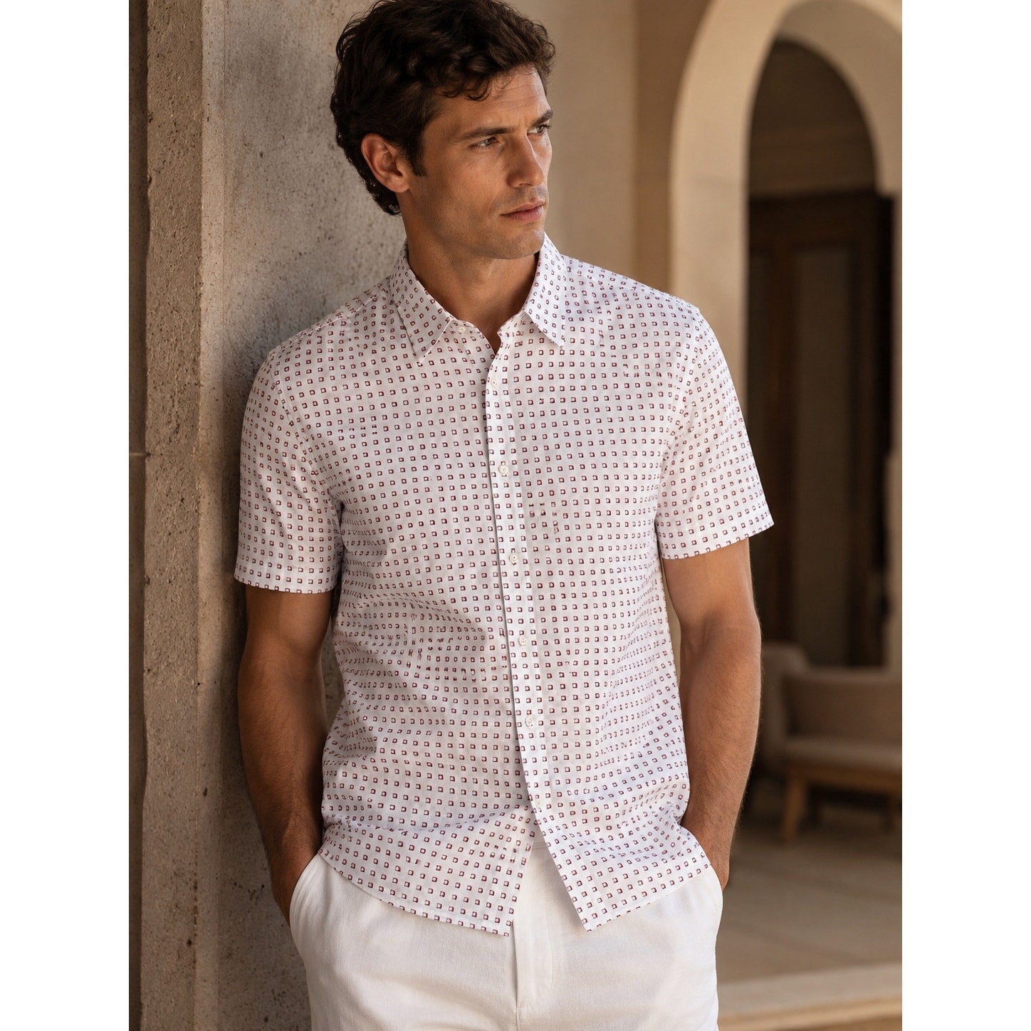 BOSS Slim Fit Ink Squares Short Sleeve Button Down in White with Red Squares — Size Large // Preowned