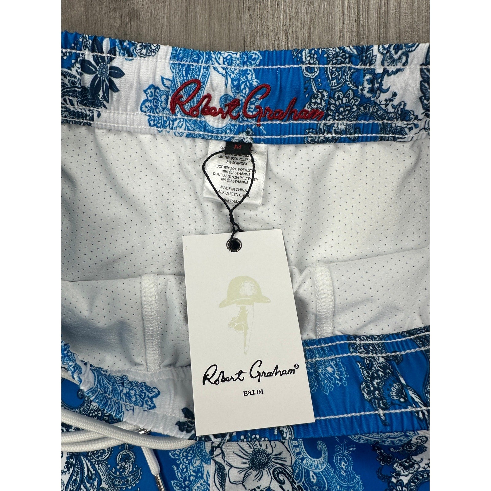 Robert Graham Floral Paisley Swim Trunks in Blue Navy and White — Size Medium