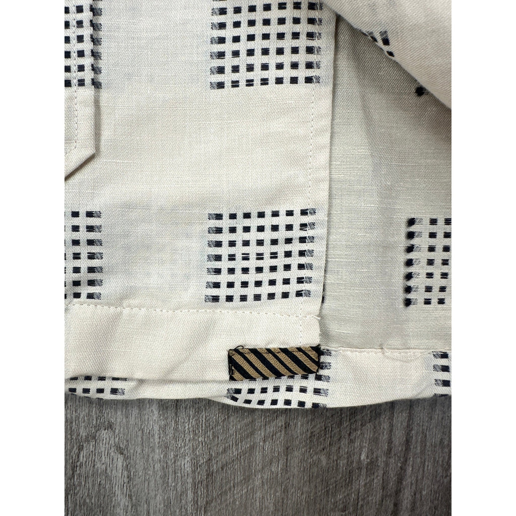 Billy Reid Short Sleeve Linen Blend Camp Shirt in Natural and Black — Size Medium // Preowned