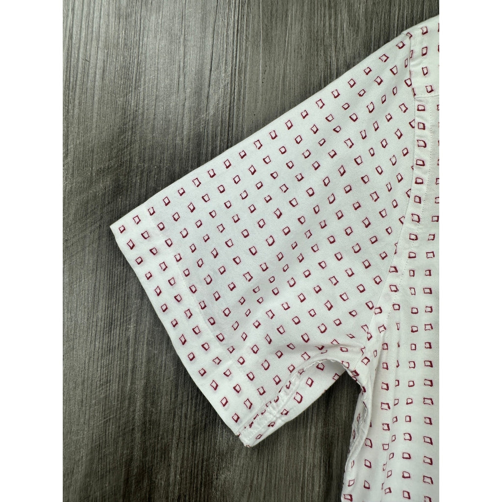 BOSS Slim Fit Ink Squares Short Sleeve Button Down in White with Red Squares — Size Large // Preowned