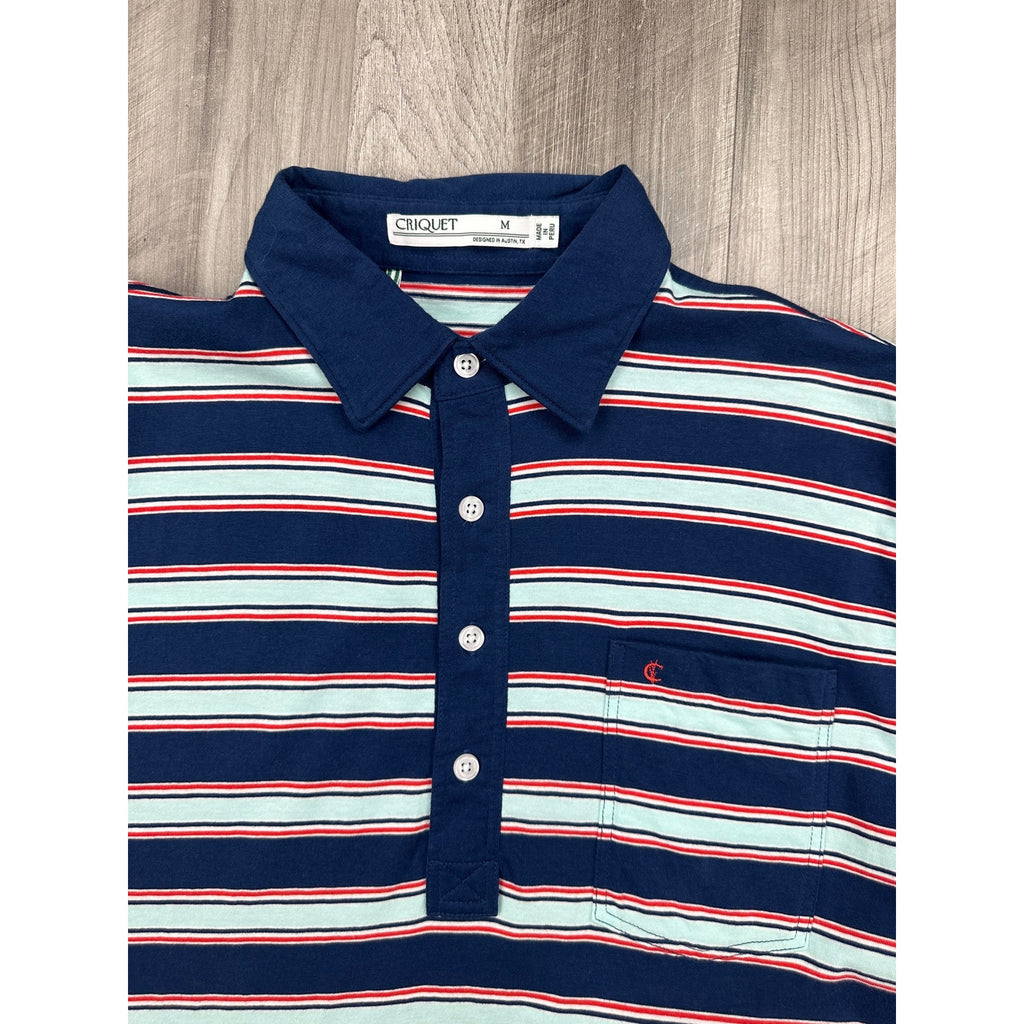 Criquet Striped Players Pocket Polo in Navy, Red, Seafoam Green — Size Medium // Preowned