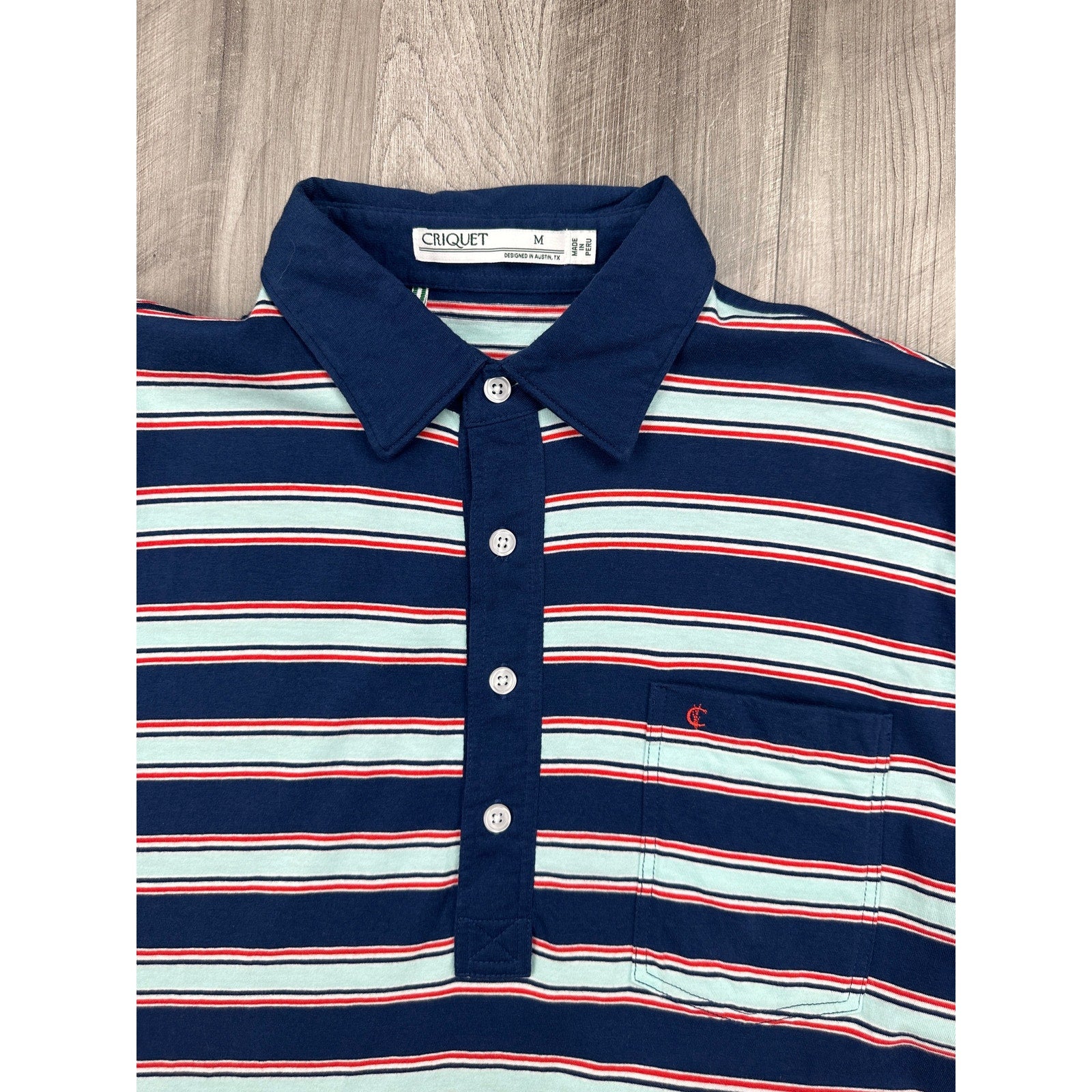 Criquet Striped Players Pocket Polo in Navy, Red, Seafoam Green — Size Medium // Preowned